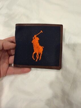 Ralph Lauren Navy Canvas Wallet with Orange Big Pony and Brown Leather Trim